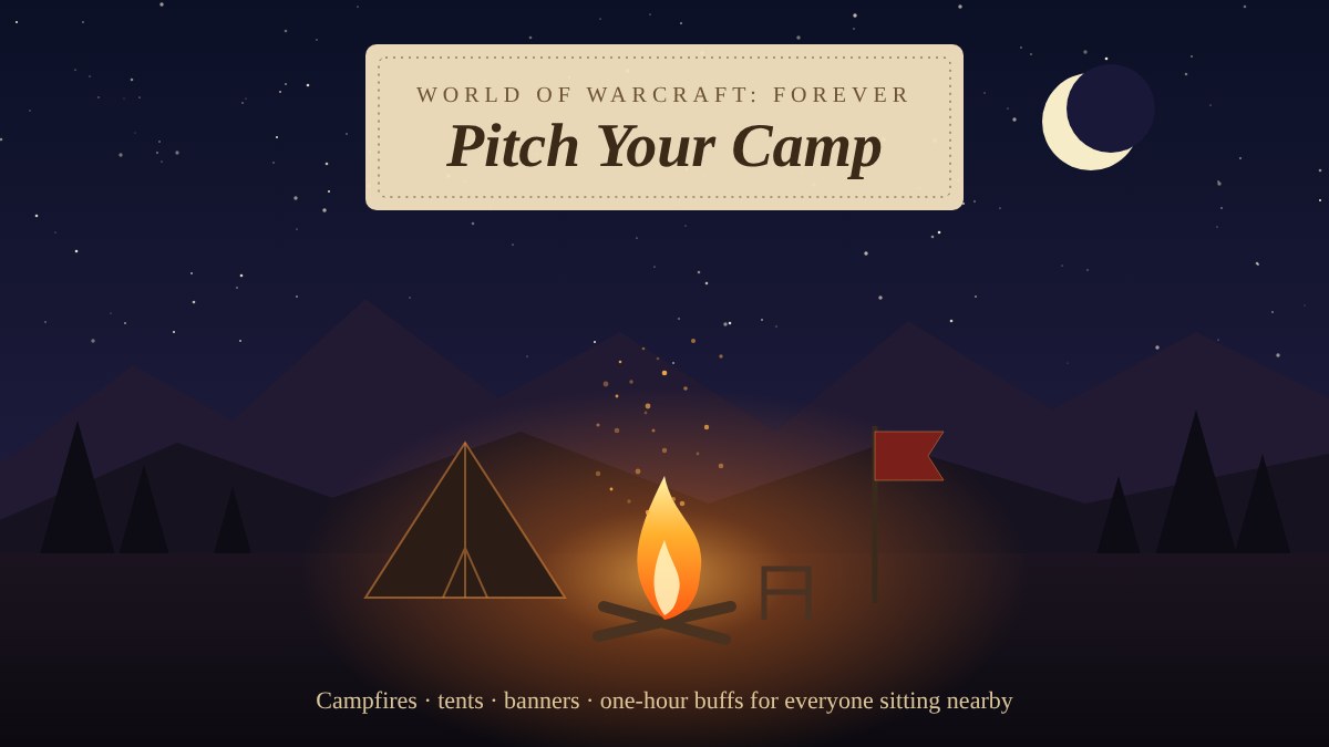 Illustration of a WoW Forever campsite at night with a campfire, tent, camp chair and banner