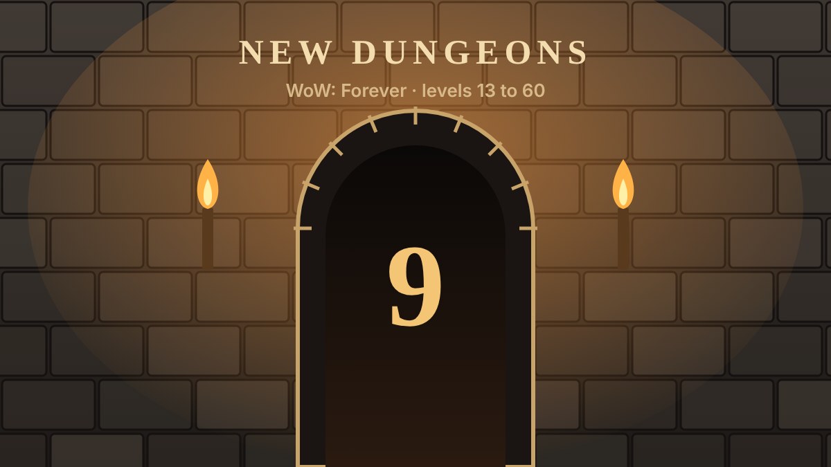 Torch-lit dungeon archway with the number 9 for WoW Forever's nine new dungeons