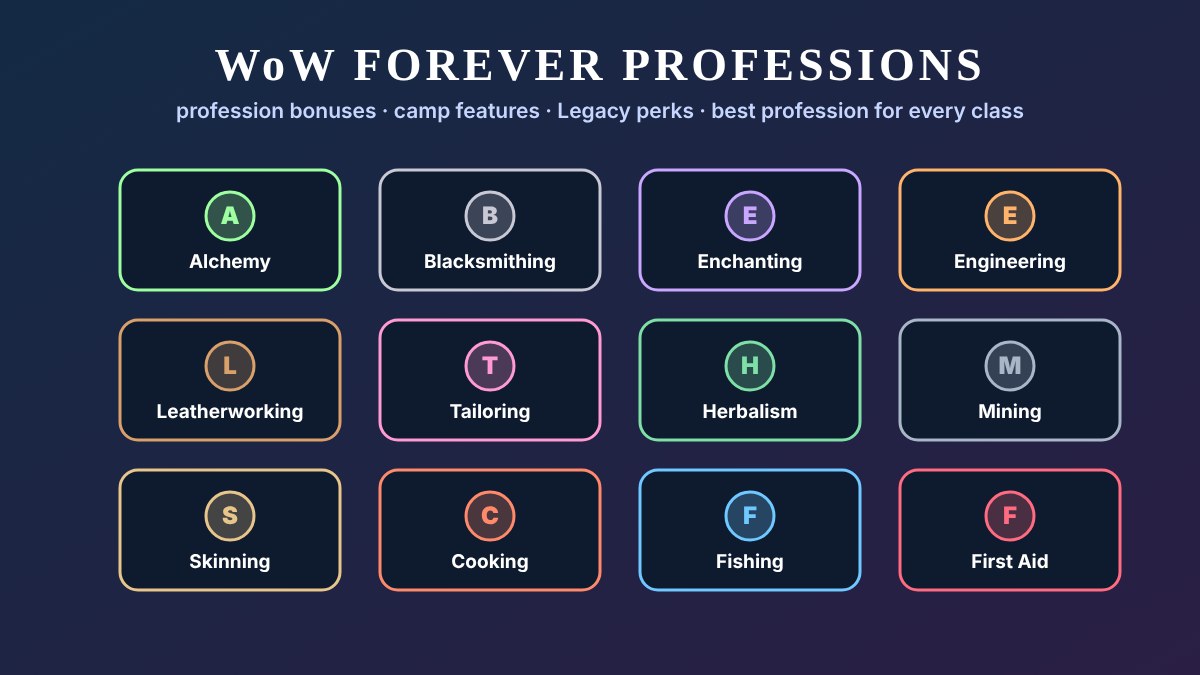Tiles for the twelve WoW Forever professions